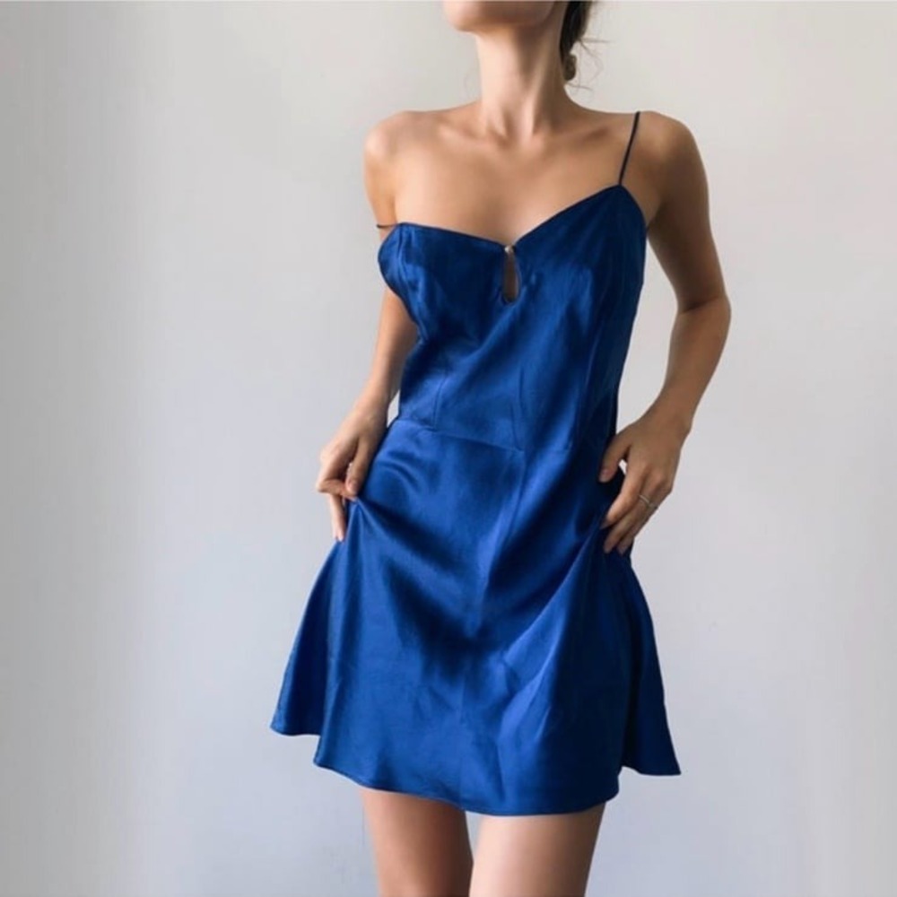 Vintage Victoria's Secret royal blue 100%silk chemise slip dress lingerie L‎